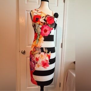 Joseph Ribkoff Floral Striped Dress - Black, White, Red, Pink, Orange